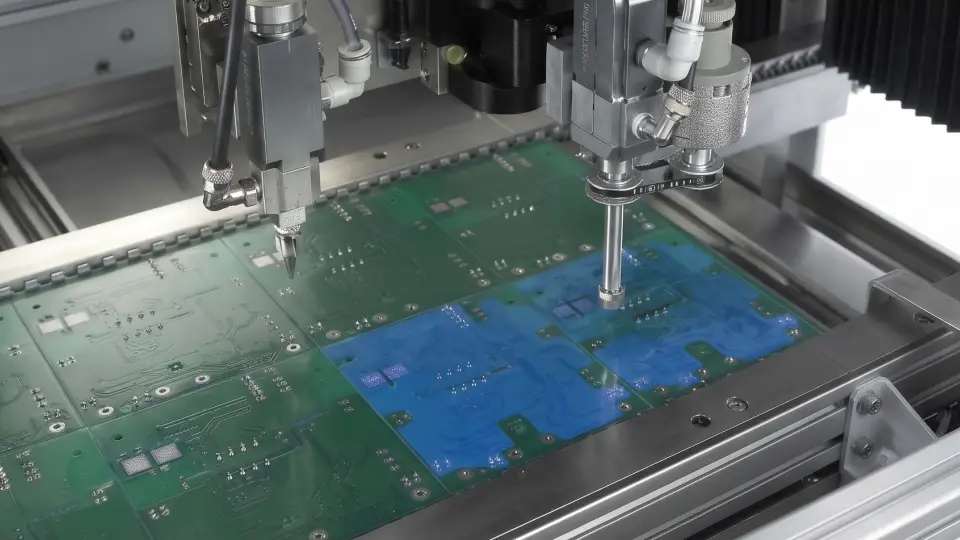 Automated selective conformal coating machines applying protective polymer film to printed circuit boards
