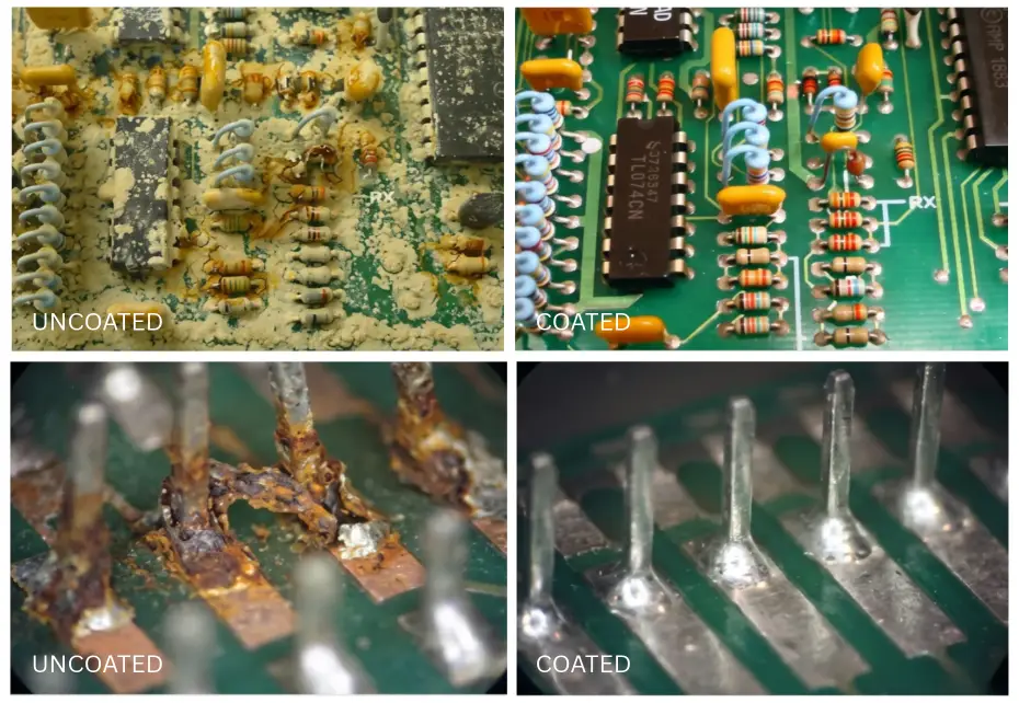 What Is Conformal Coating? Types, Uses & PCB Protection 2 uncoated vs coated pcb corrosion 1